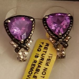 Lavender Alexite & Black Diamond J-Hoop Earrings, 925 Silver, TGW 6.28 Carats
